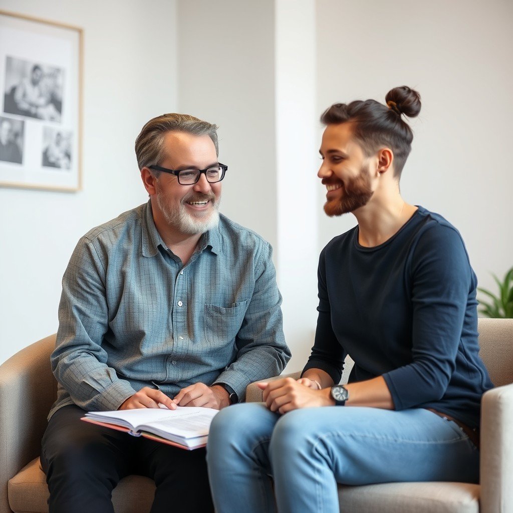 Two men talking over a book in a therapy session