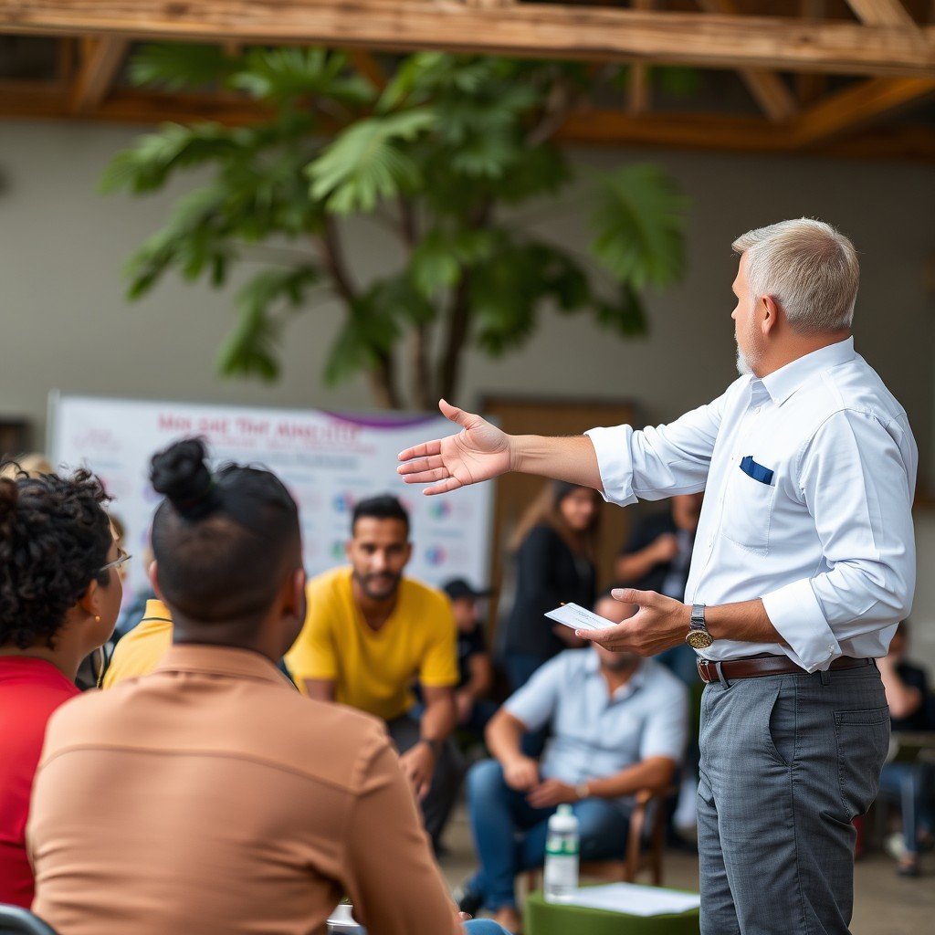 man presenting workshop training to group